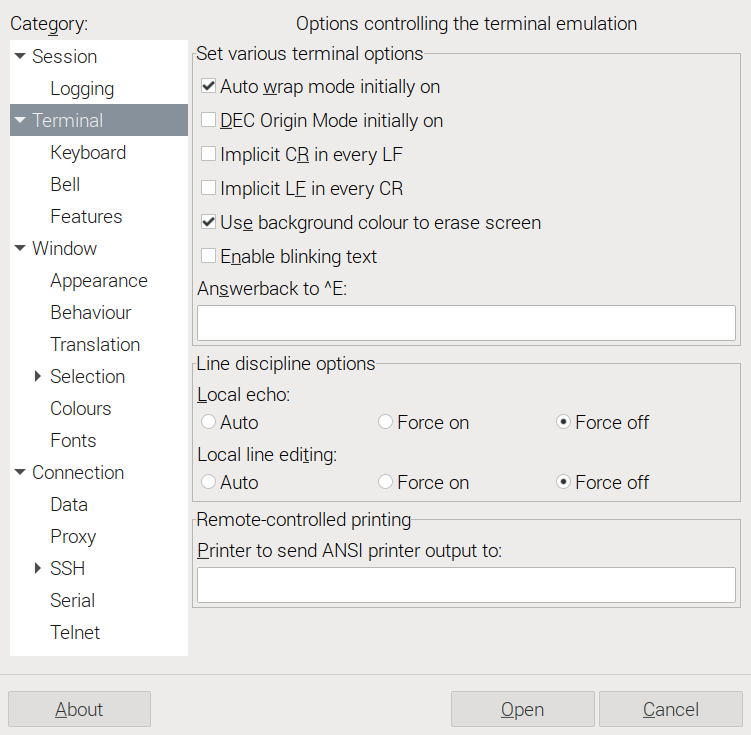 Terminal settings screen