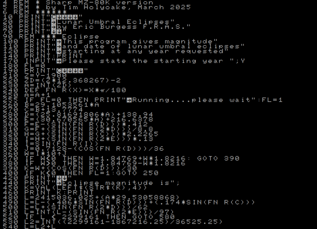 Part of the BASIC code for the ECLIP program (number 9) from "Celestial BASIC"