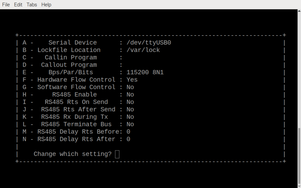 Minicom serial port setup screen. Serial device, bps/par/bits and hardware flow control are essential.