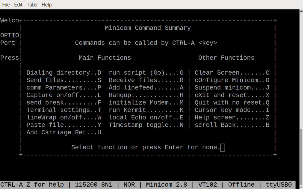 Minicom command summary screen.