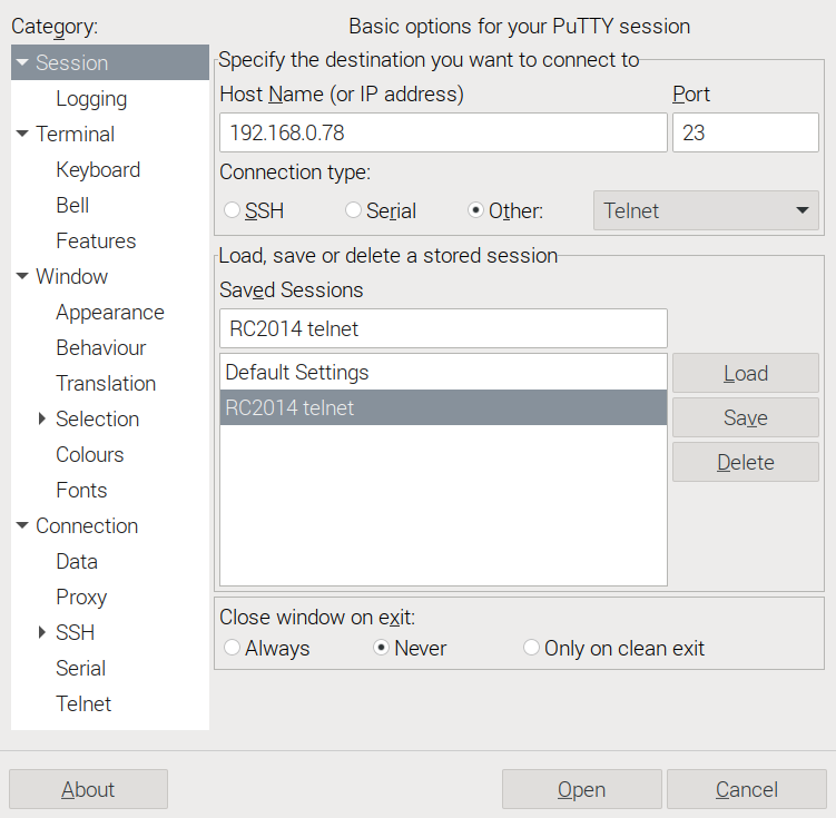 Use Other: Telnet as the session type