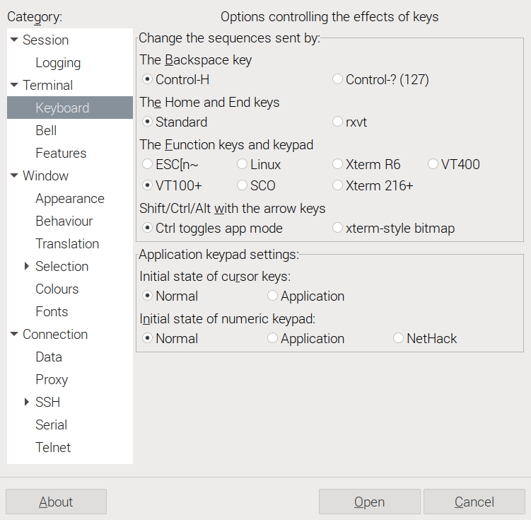 Terminal Keyboard settings screen