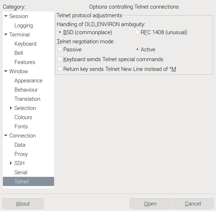 Connection > Telnet parameters