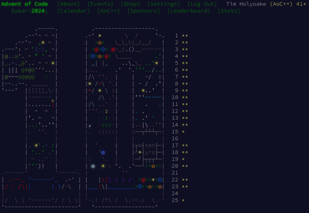 The Advent of Code 2024 graphic, showing how my 41 stars were achieved. Days 15,19 and 25 are incomplete, days 16,21 and 24 not started. All of the other days are finished.