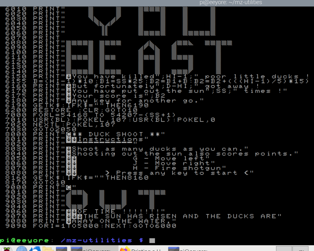 The end of the Duck SHoot listing, displayed in a lxterminal window with my MZ-80K font.