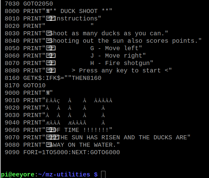 A listing of Duck Shoot, rendered using the standard lxterminal mono font