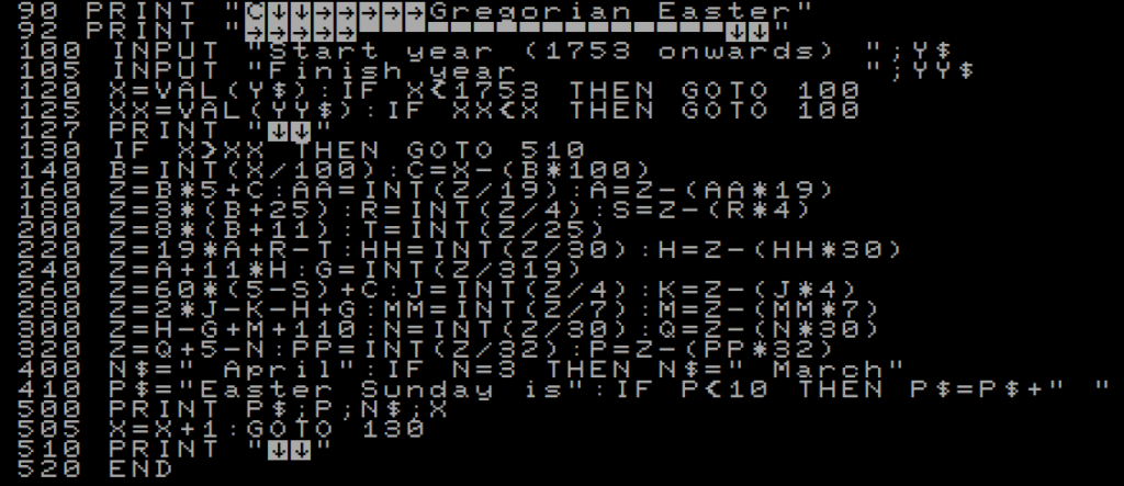 BASIC code to calculate the date of Gregorian Easter Sunday on a Sharp MZ-80K using the SP-5025 interpreter 