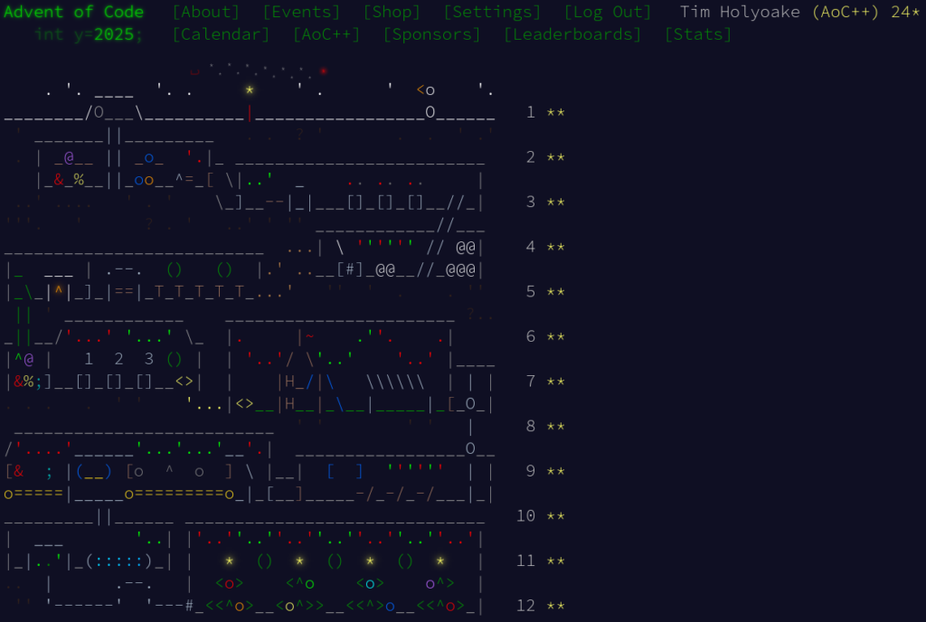 The Advent of Code 2025 calendar. It shows the Elves' factory under the North Pole with Santa flying across the top in his sleigh. It is animated ASCII art.