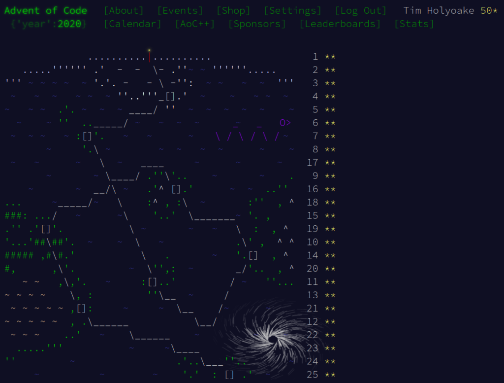 The Advent of Code 2020 calendar completed. There's a sea monster swimming in the top right corner and what looks like a black hole headed towards me from the bottom right.
